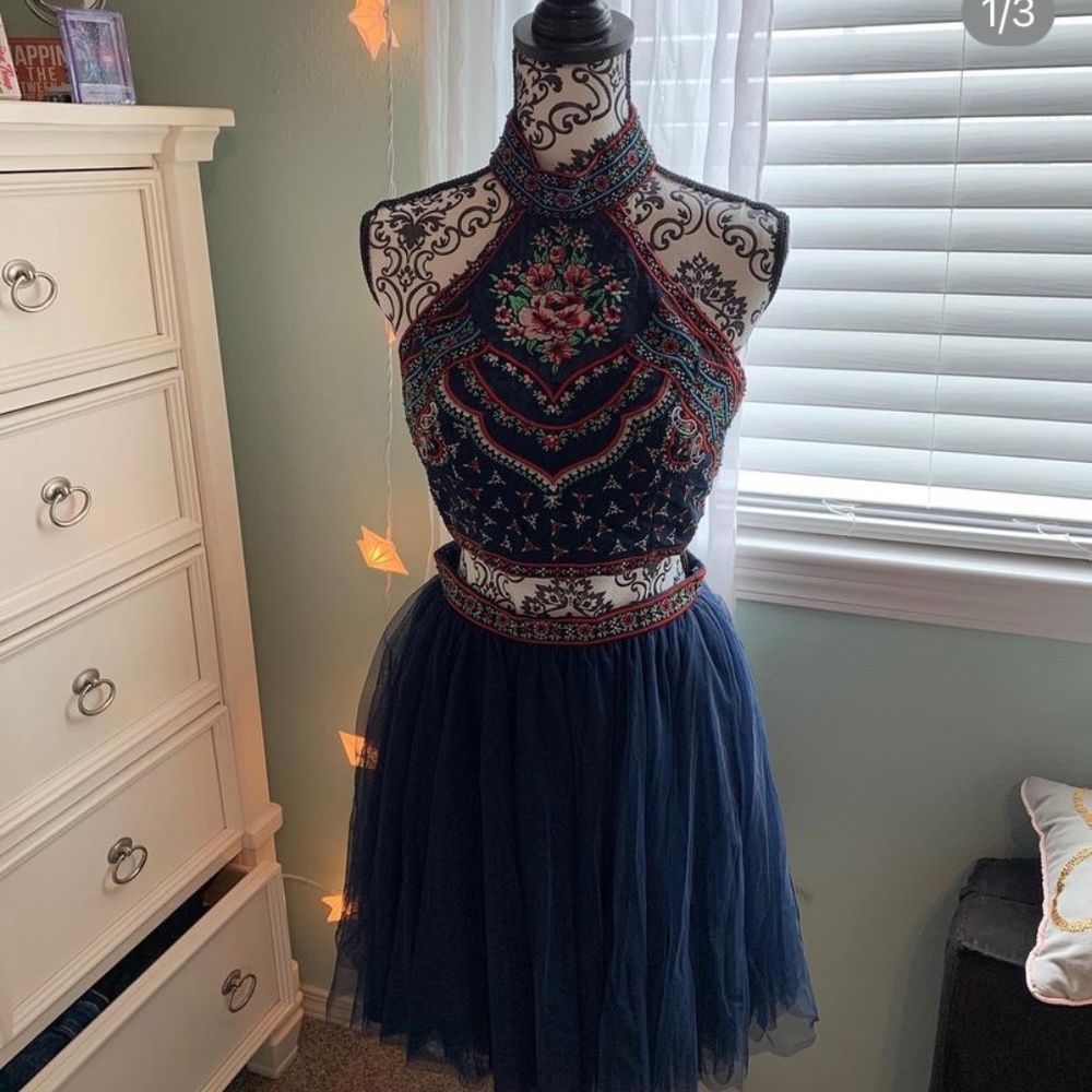 Sherri Hill Navy Blue Two-Piece Floral Patterned Dress